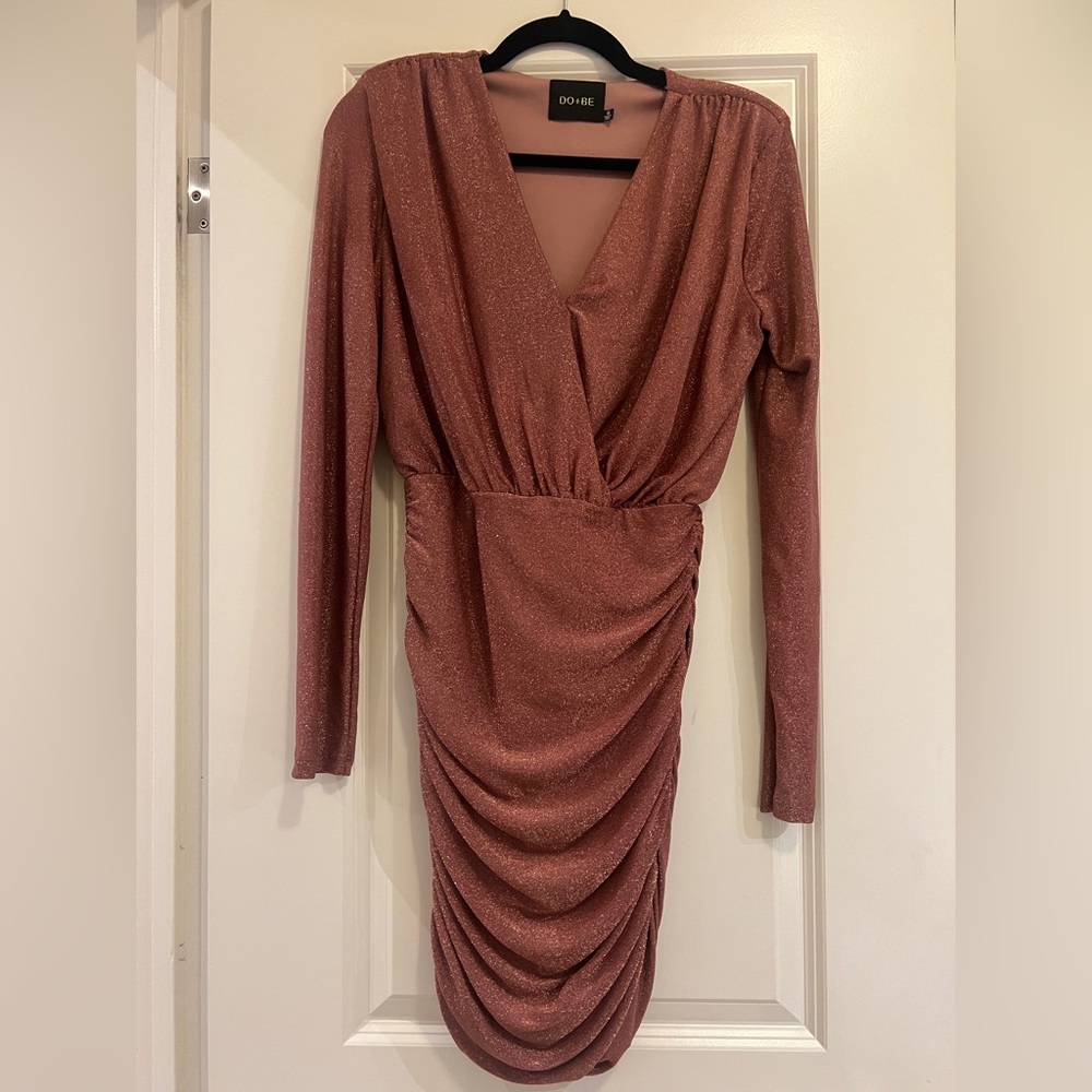 DO+BE Shimmery Rose Rust Long Sleeve Ruched V-Neck Dress